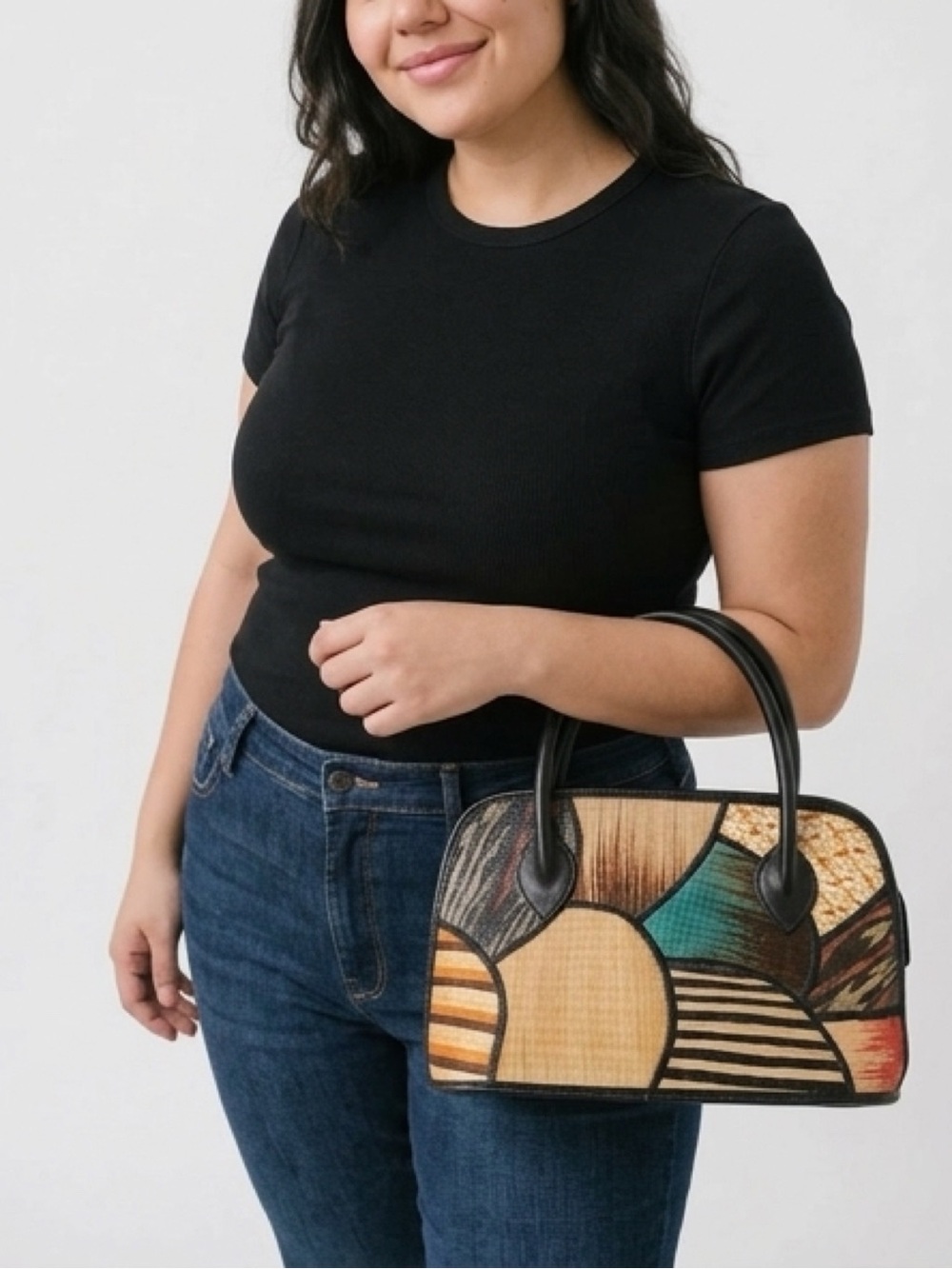 Le Sac Multicolor Abstract Panel Handbag with Black Handles
